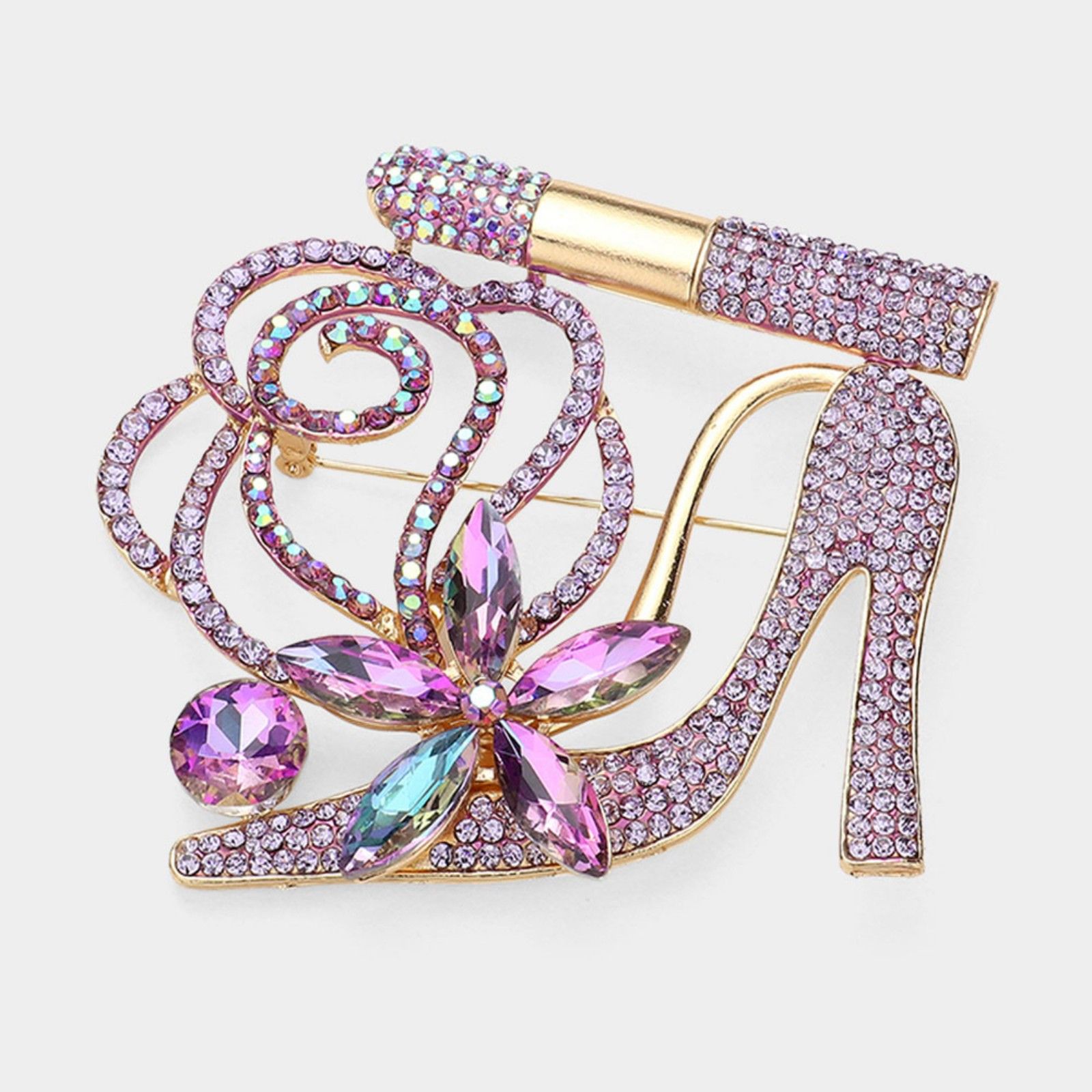 Lavender Lipstick High Heel Flower Pin Rhinestone Crystal Brooch Accessory